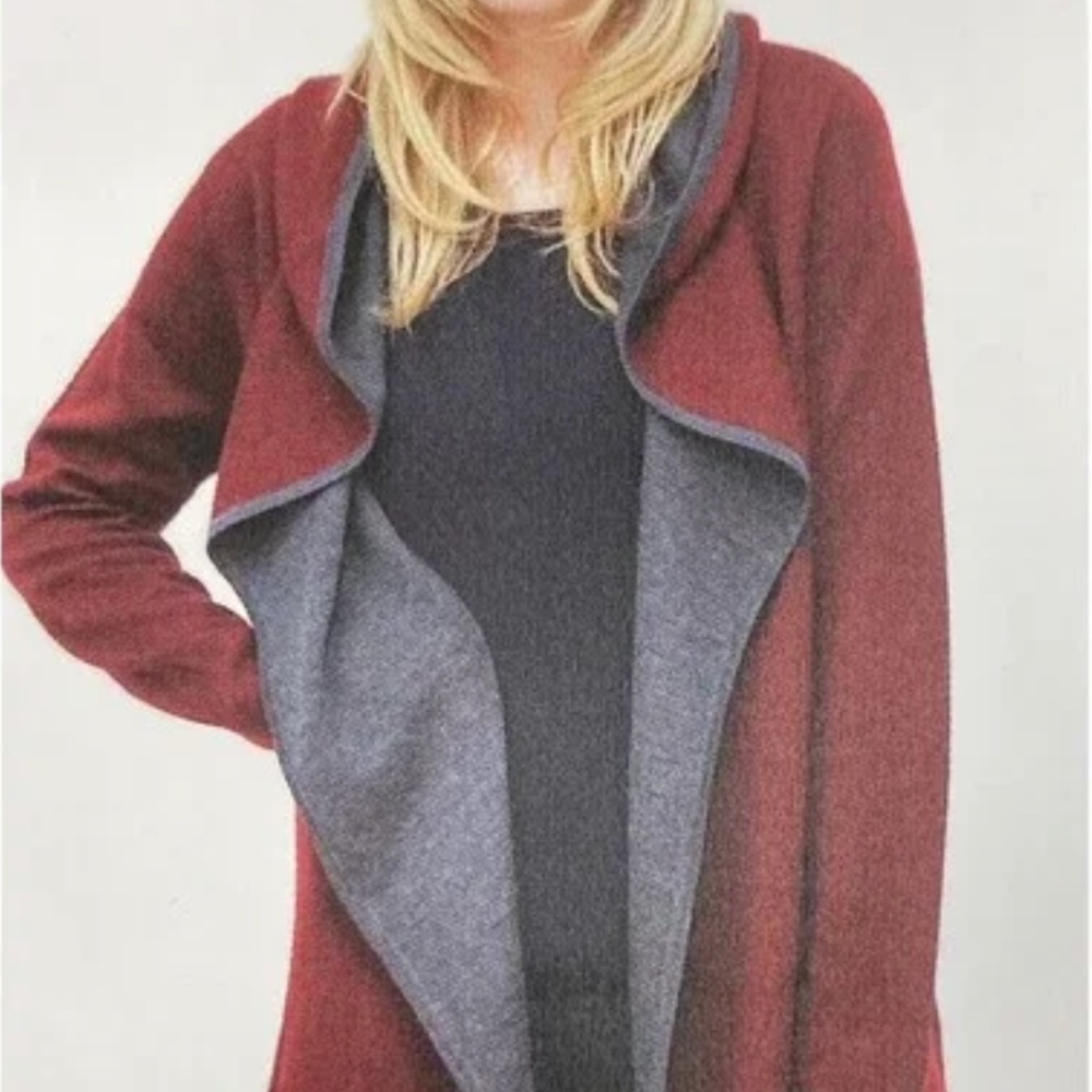 BNCI Blanc Noir Burgandy Red Gray Open Front Hooded Cardigan Wool Blend SZ XL